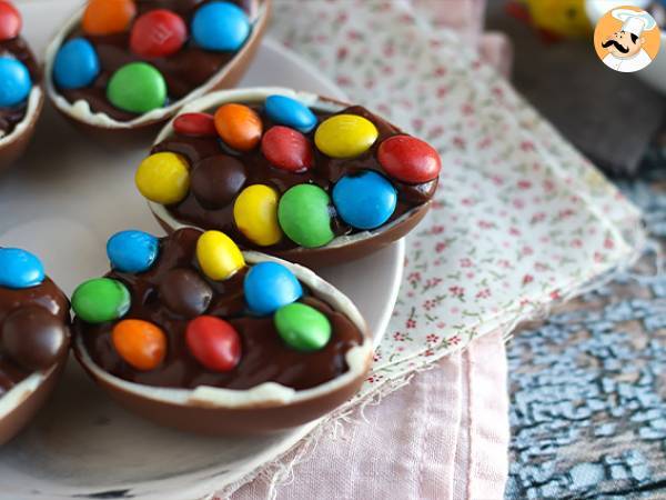 Chocolate easter eggs filled with chocolate custard and topped with m&m's - photo 2