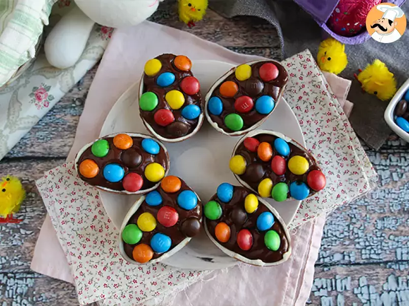Chocolate Easter eggs stuffed with chocolate custard and topped with M&M's