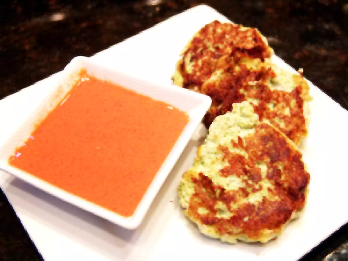 Clean eating Fish fritters with a roasted red pepper malt vinegar dipping sauce
