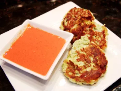 Clean eating Fish fritters with a roasted red pepper malt vinegar dipping sauce