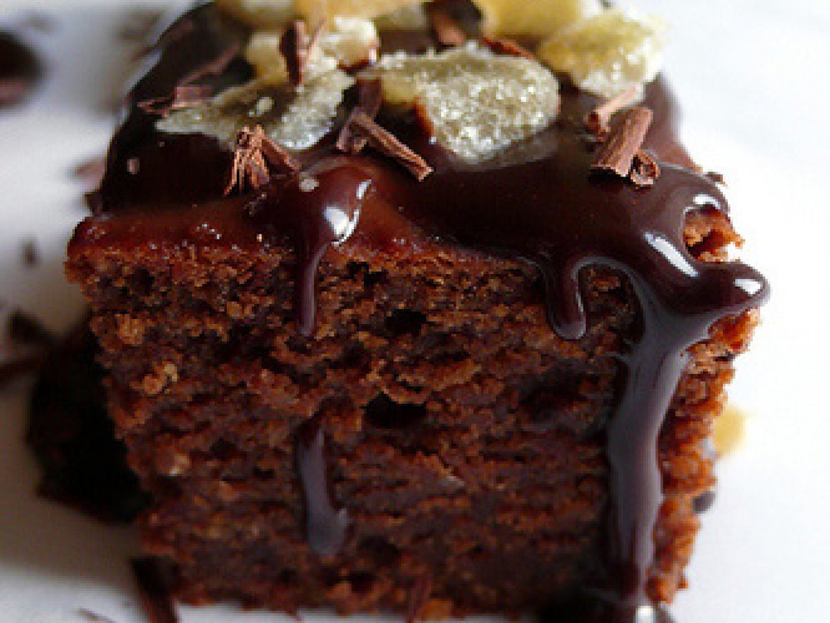 Cocoa squares with Himalayan salted ganache, candied ginger and chocolate curls