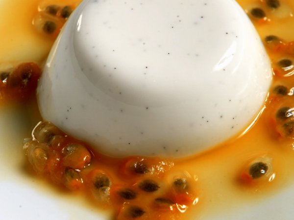 Coconut and kaffir lime panna cotta w passion fruit pulp