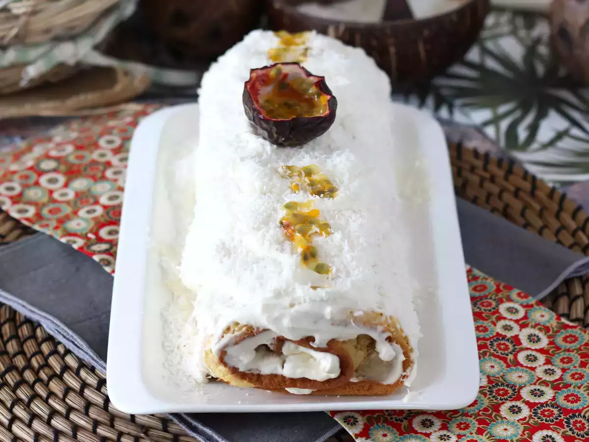 Coconut and passion fruit Swiss roll, perfect as a Yule log