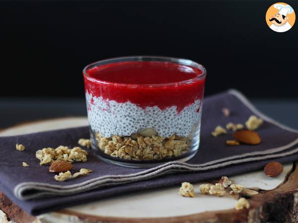 Coconut milk chia pudding verrines with granola and raspberries