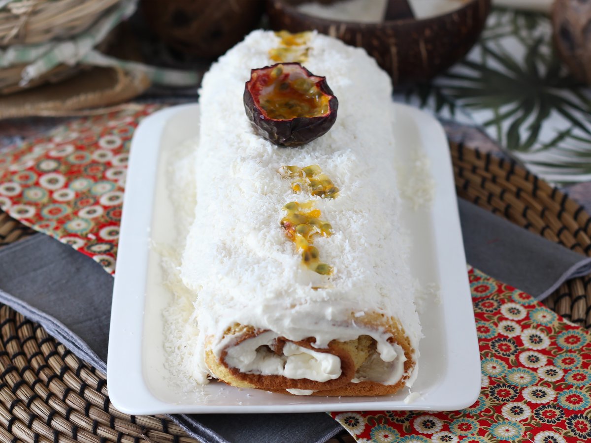 Coconut & passion fruit cake roll, perfect as a Yule log