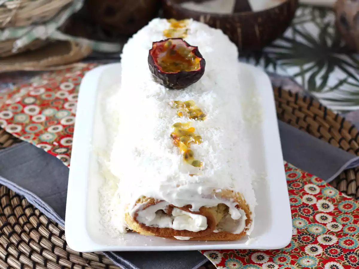 Coconut & passion fruit cake roll, perfect as a yule log