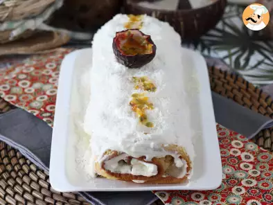 Coconut & passion fruit cake roll, perfect as a Yule log