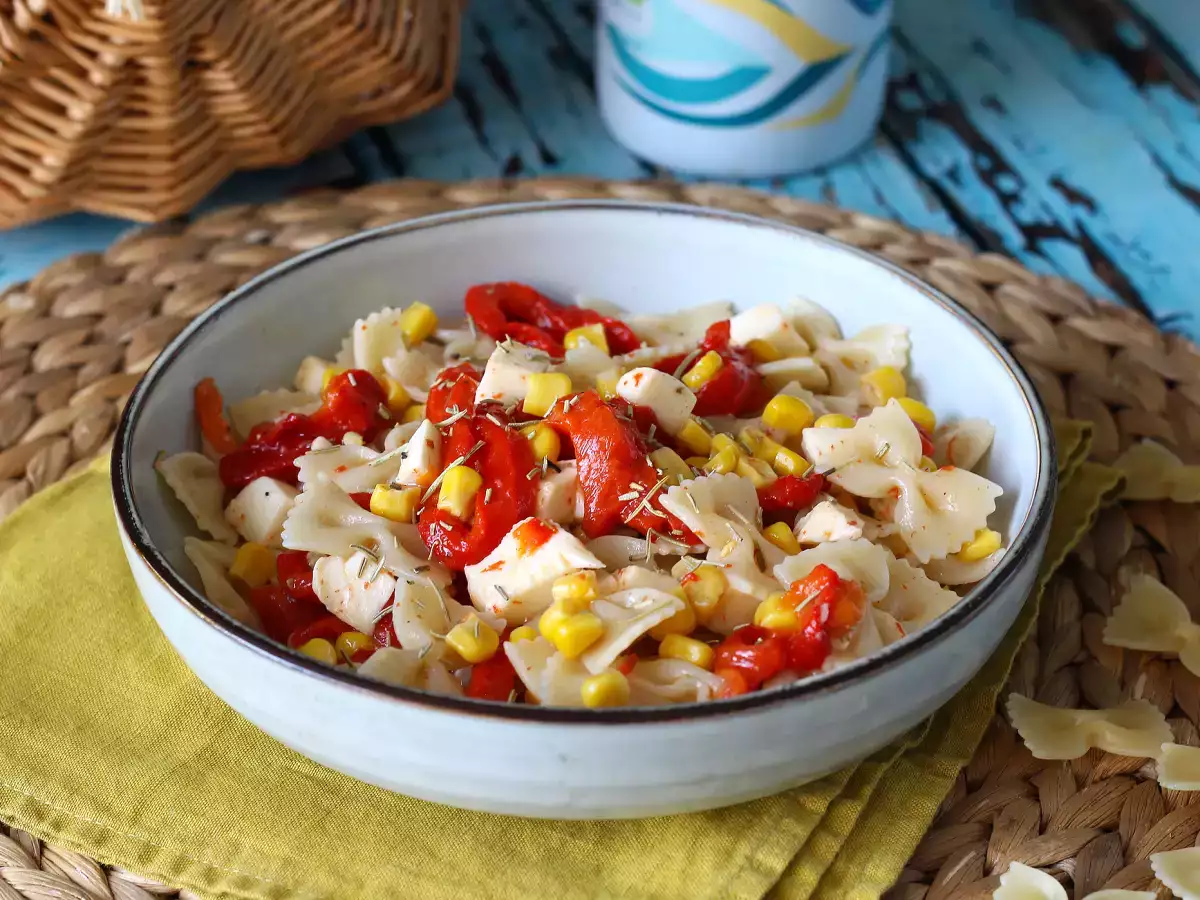 Cold pasta with peppers, corn and mozzarella cheese - photo 5