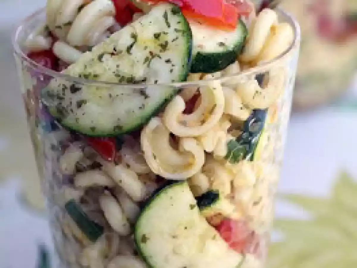 Cold Tomato Zucchini Pasta Salad with Sherry Shallot Vinaigrette
