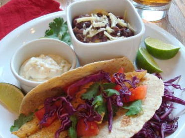 Corn-Crusted Fish Tacos with Jalapeno-Lime Sauce and Spicy Black