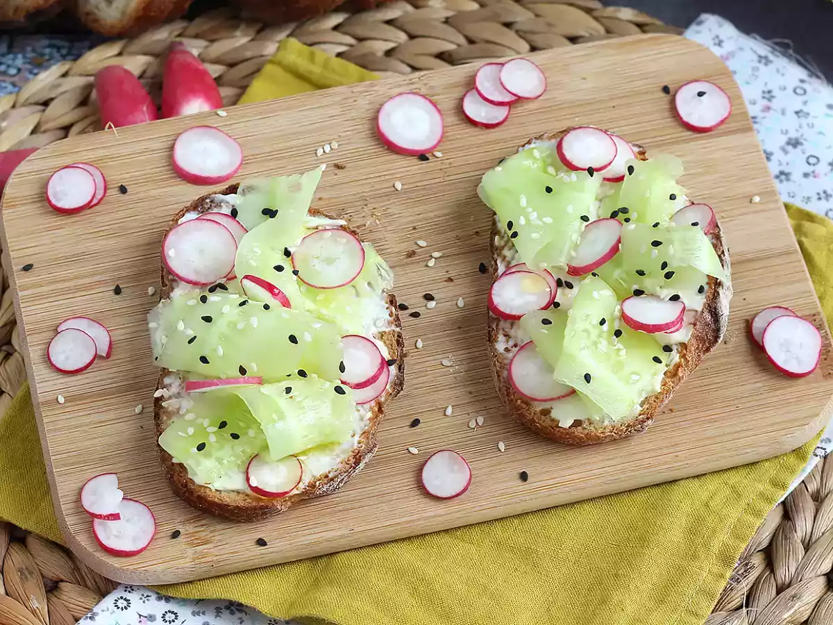 Cream cheese, cucumber, and radish toasts