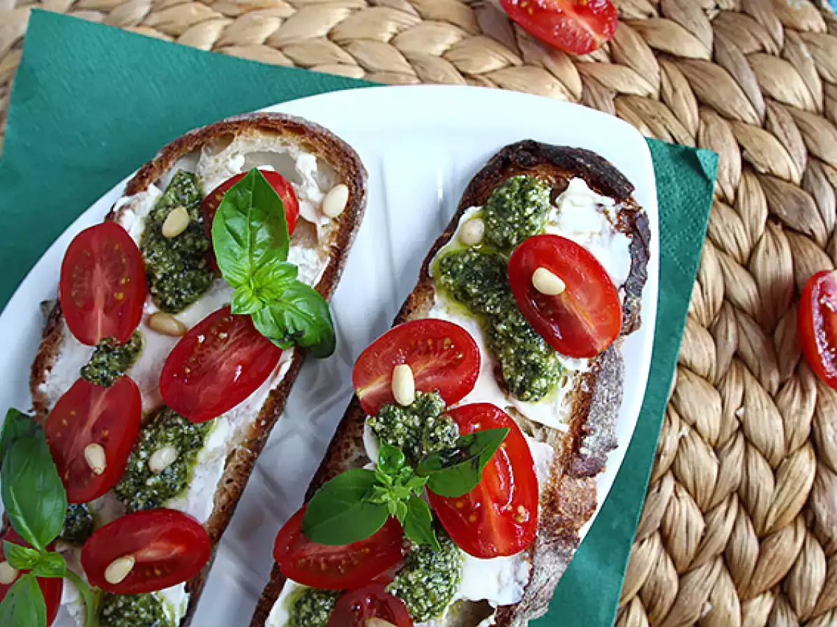 Cream cheese, pesto, and cherry tomato toasts - photo 5