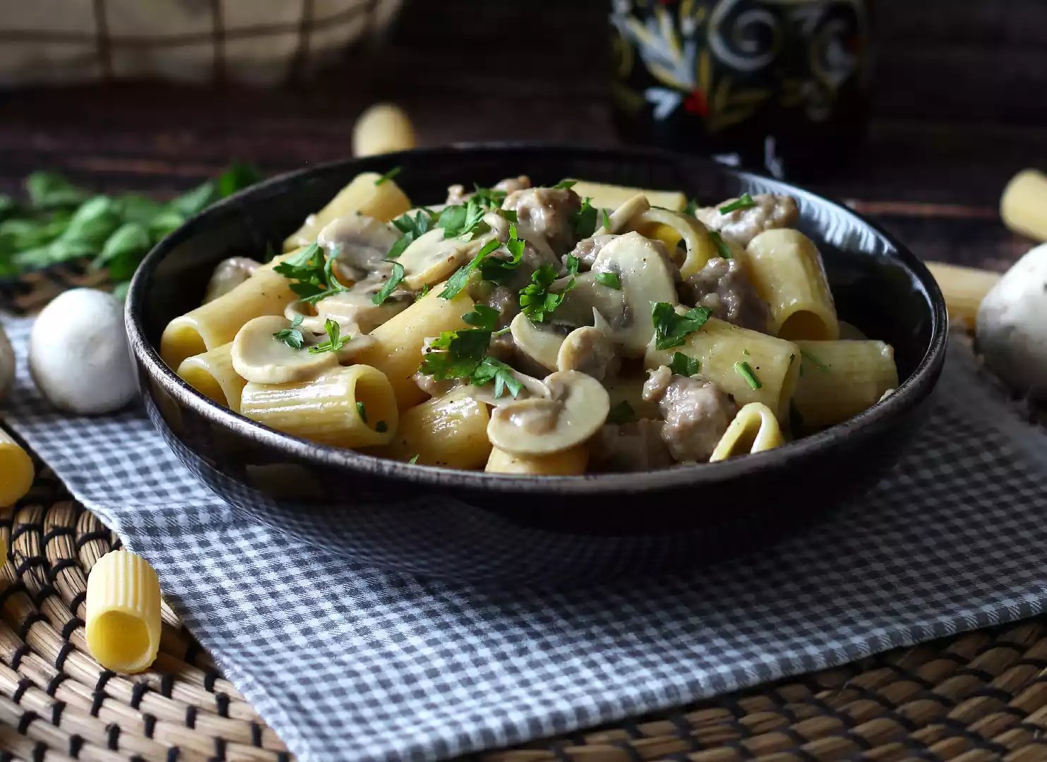 Creamy pasta recipe with mushrooms and sausage