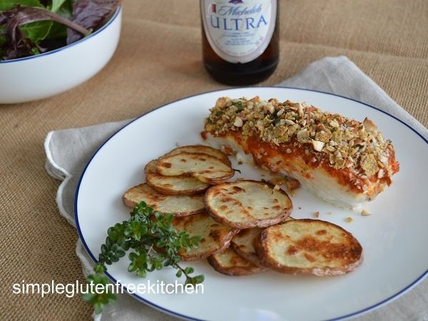 Crispy Harissa fish with baked chips