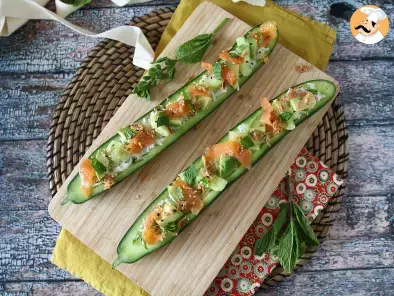 Cucumber boats with salmon, avocado and rice
