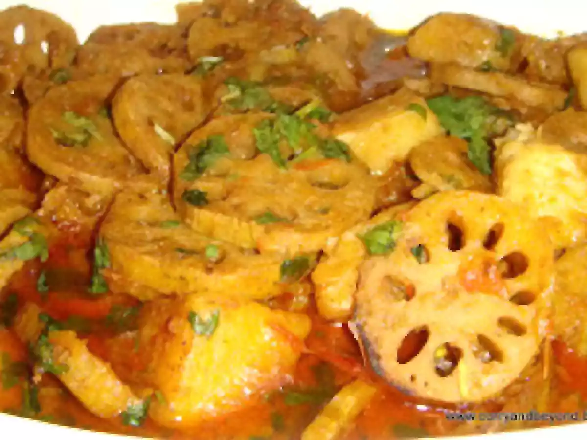 Curried Lotus Roots with Potatoes - Kamal Kakdi Aur Aloo ki Subzi