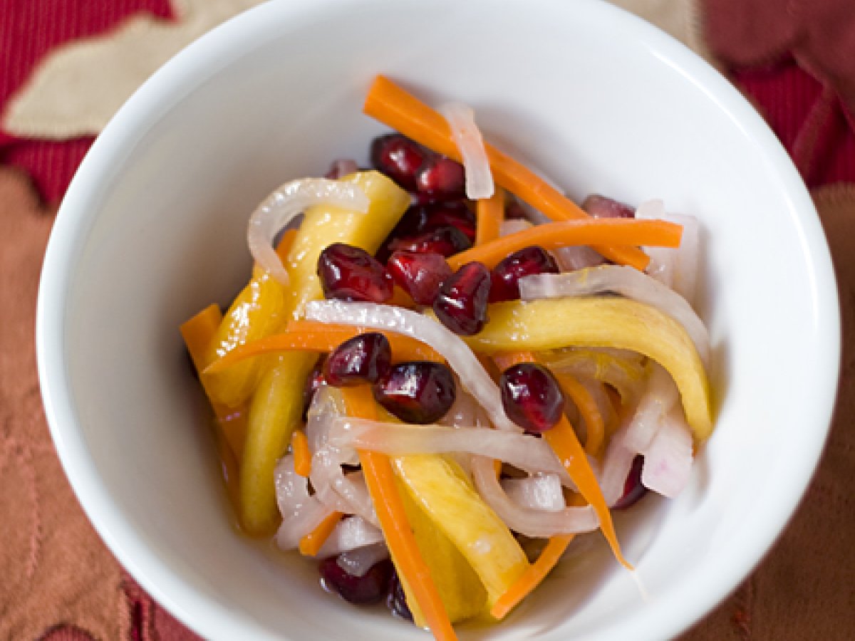 Daikon, Carrot, Persimmon, and Pomegranate Sunomono