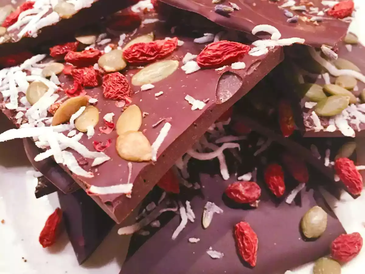 Dark Chocolate Bark With Goji Berries, Pumpkin Seeds, And Coconut