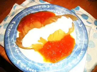Drunken pear recipe with fresh plum compote