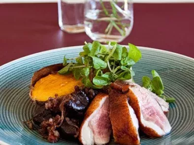 Duck Breasts with Dry-Roasted Sweet Potatoes, Watercress & Balsamic Prunes & Onions
