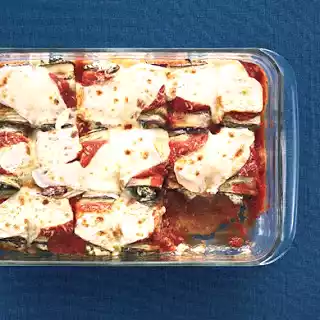 Eggplant parmesan rolls recipe with swiss chard and mint