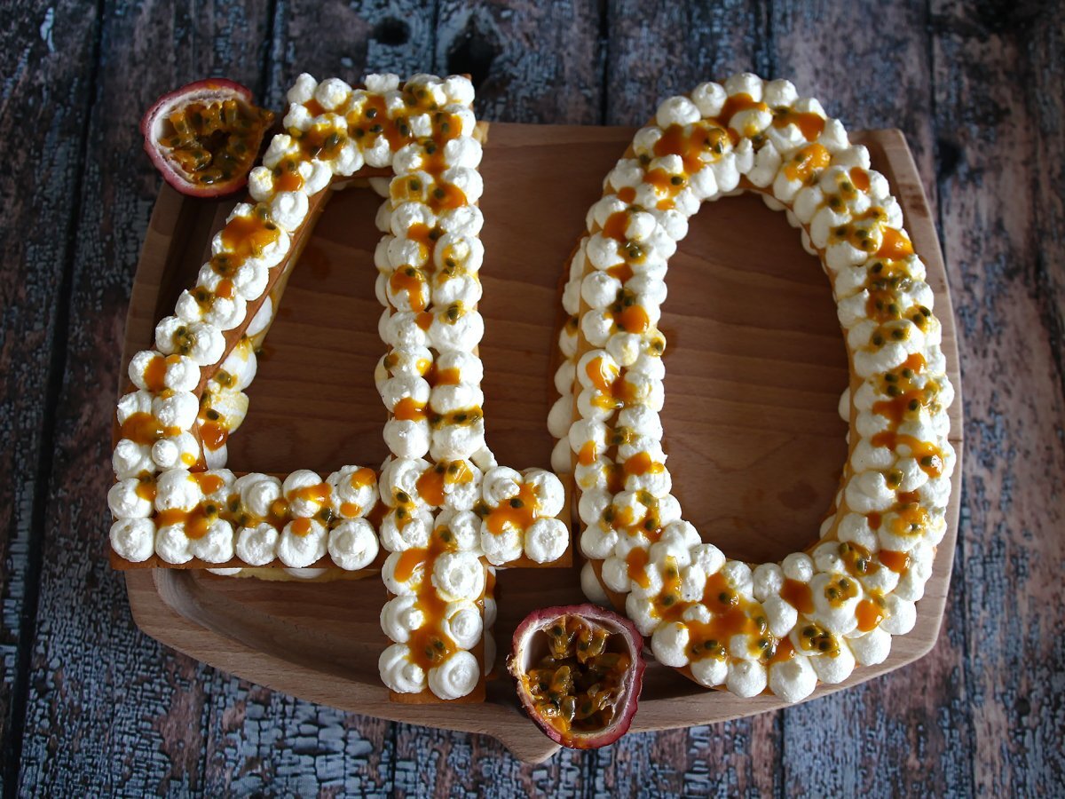 Exotic Number cake with mango and passion fruit