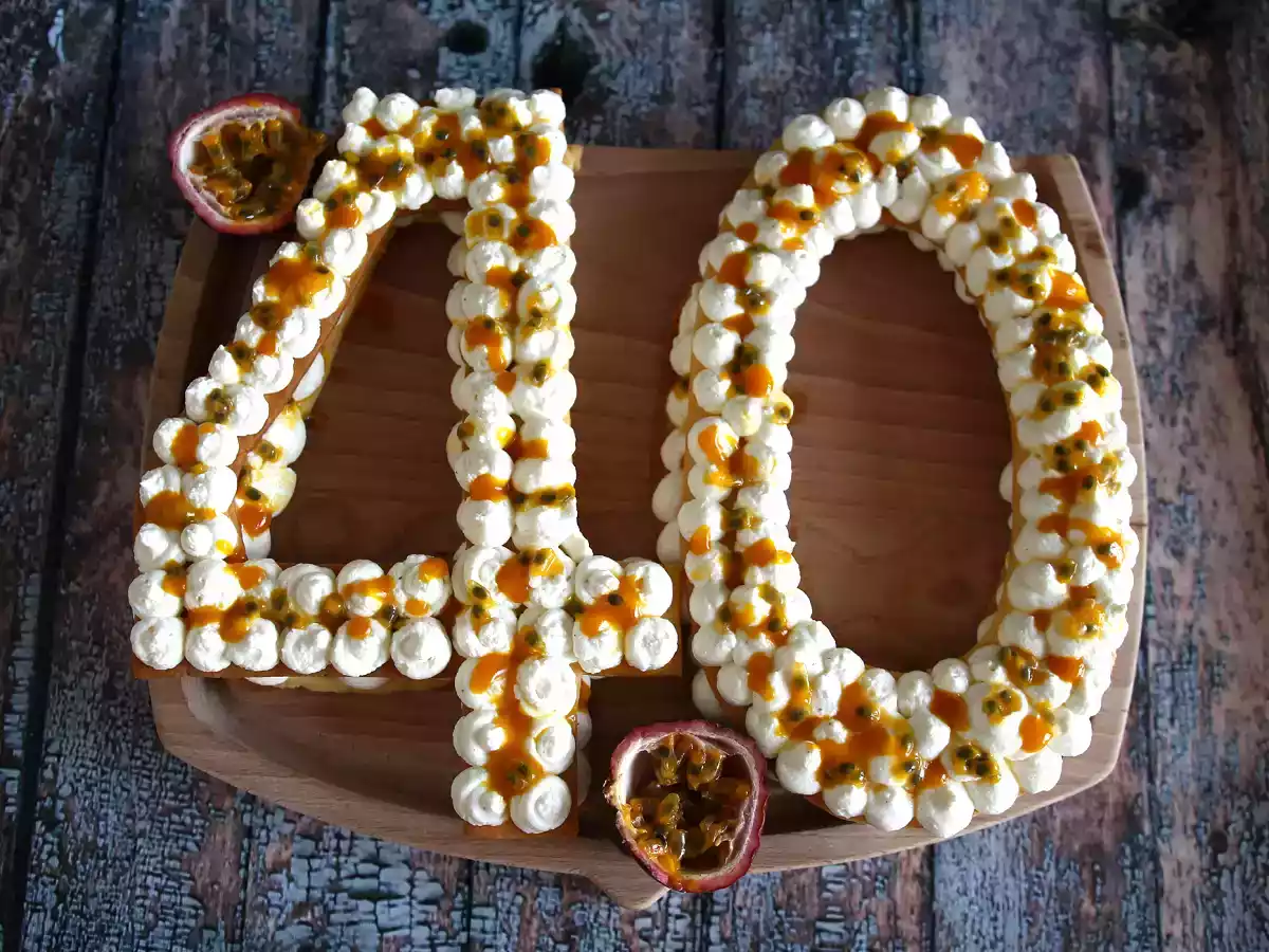 Exotic number cake with mango and passion fruit