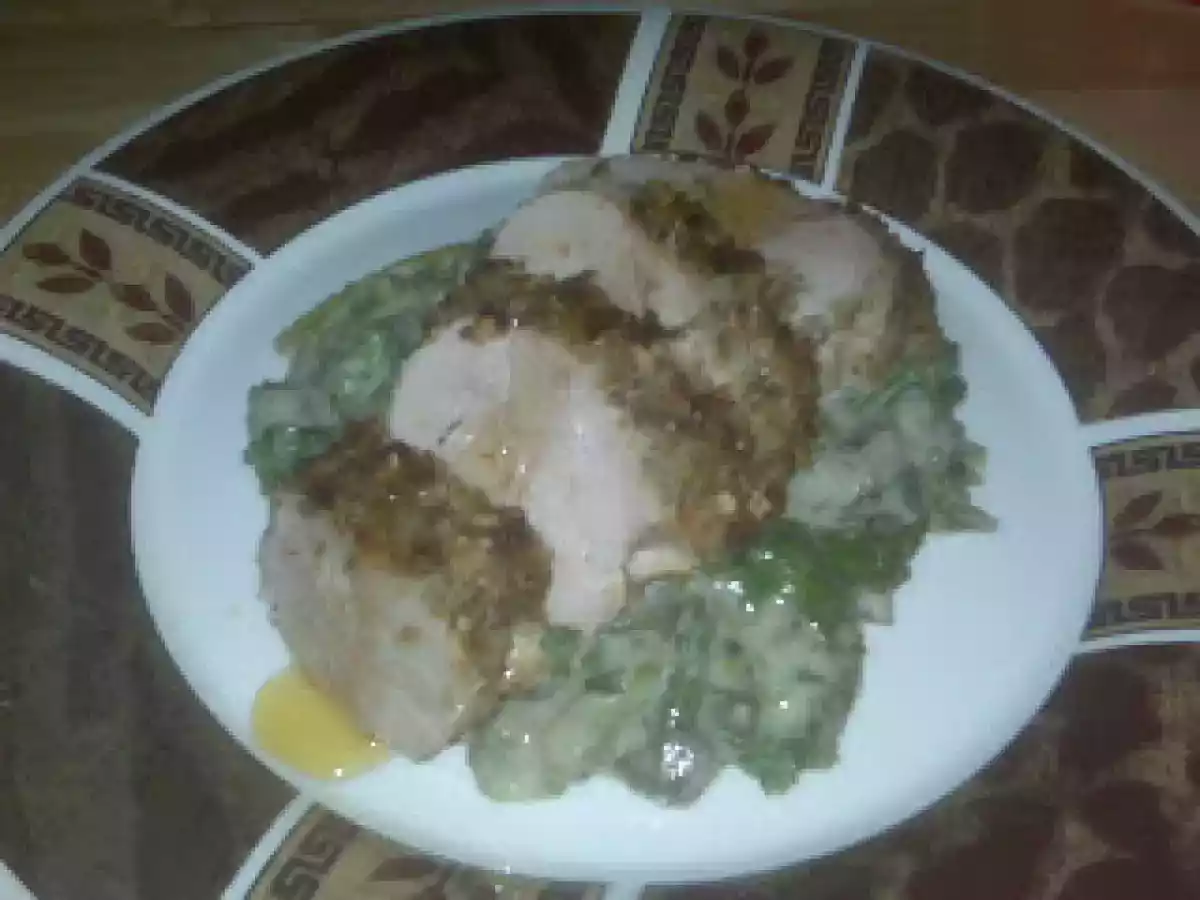 Fennel and Onion Roast Pork Loin with Mushroom creamed Mustard Greens and Honey