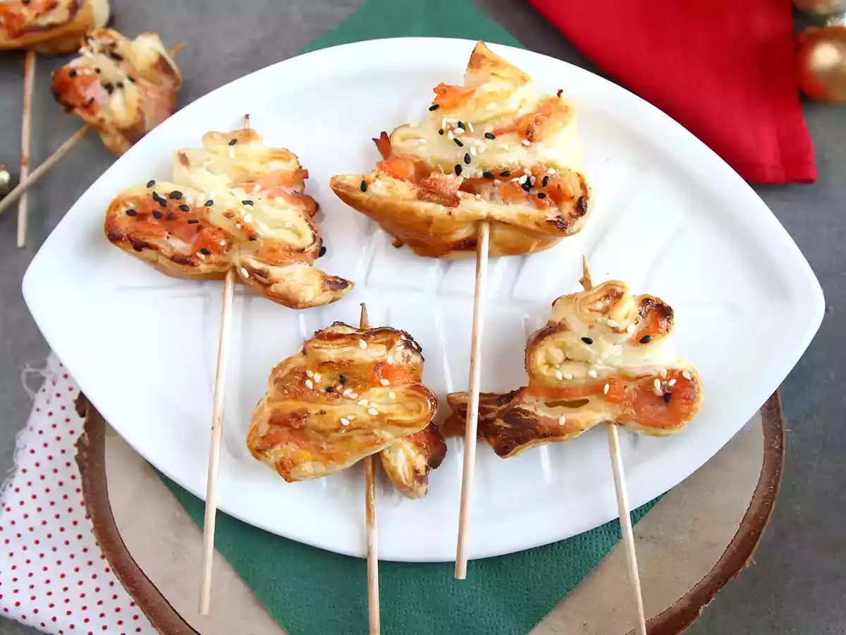 Flaky puff pastry christmas trees with two types of salmon