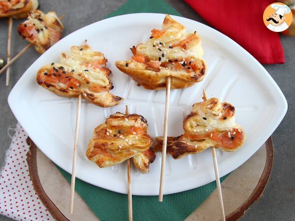 Flaky puff pastry christmas trees with two types of salmon