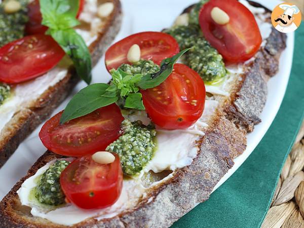 Fresh cheese, pesto, and cherry tomato toasts - photo 3