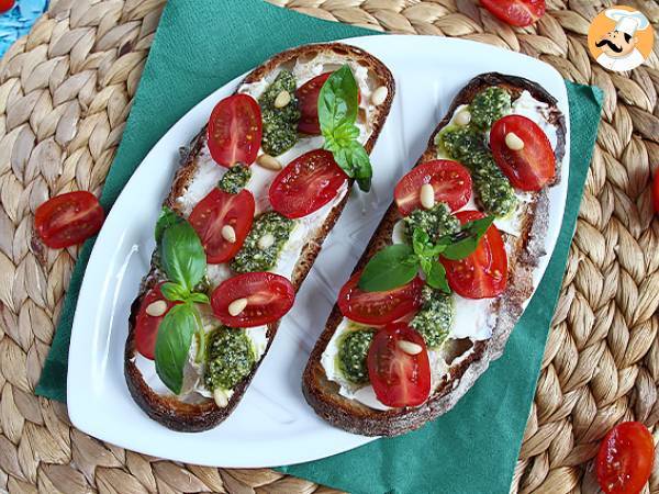 Fresh cheese, pesto, and cherry tomato toasts - photo 4