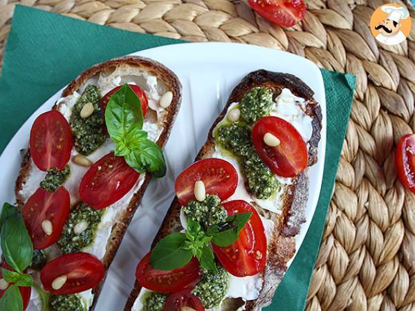 Fresh cheese, pesto, and cherry tomato toasts - photo 5