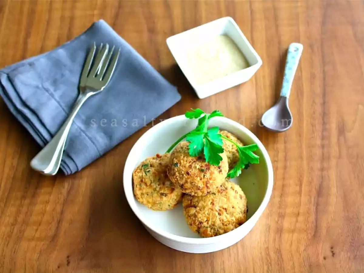 Fried Chickpea Patties With Sesame Seed Sauce, Revithokeftedes me Tahini Saltsa