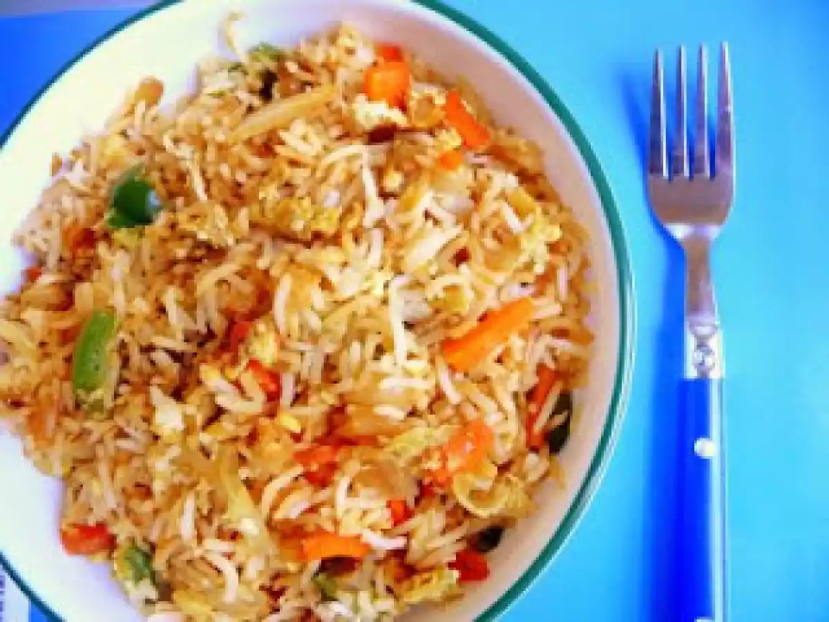 Fried Rice with Egg, Mushrooms and Green Peas