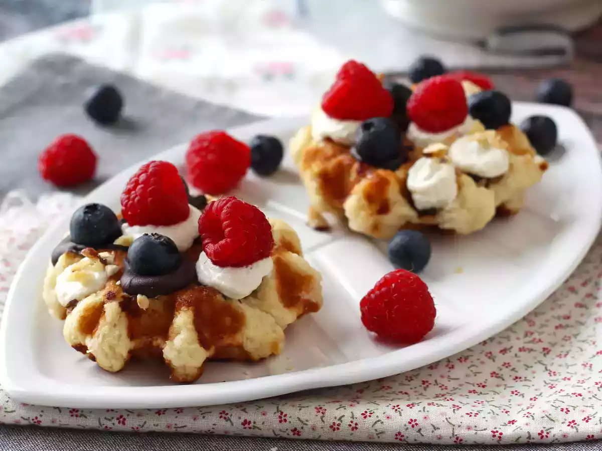 Fruit, chocolate and whipped cream waffles