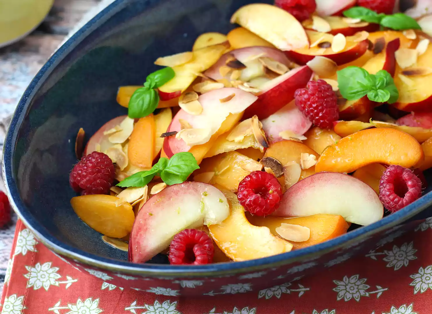 Fruit salad: peach apricot raspberry super gourmet!