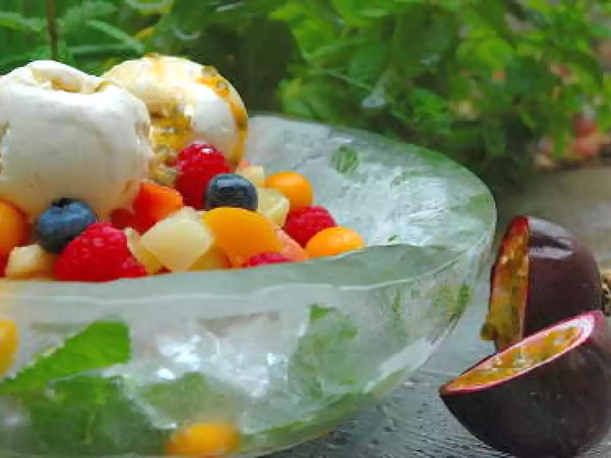 Fruit Salad with Passion Fruit and Vanilla Bean Ice-cream