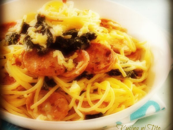 GARLIC KANGKONG (Local Spinach) SPAGHETTI with SAUSAGE