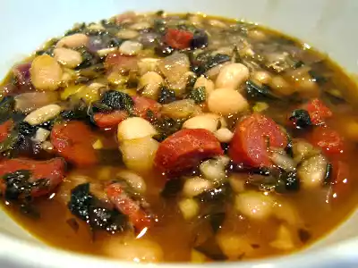 Garlic, white bean & chorizo stew recipe with spinach
