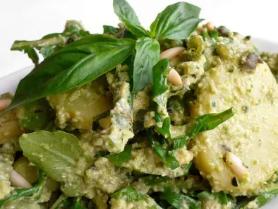 Green bean, potato and rocket salad with capers and basil-zucchini-pine nut pesto