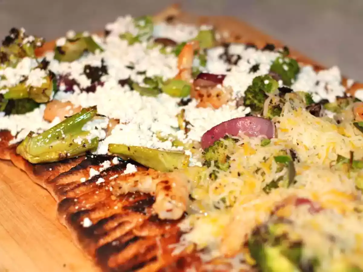 Grilled Focaccia Bread Pizza with Pomegranate Citrus Shrimp and Broccoli
