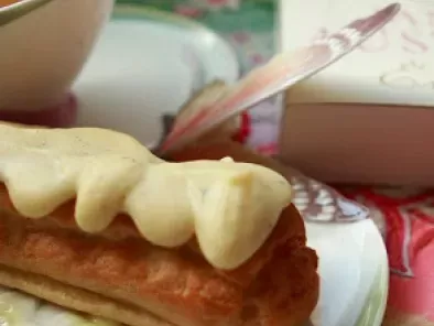 Guava cream éclairs topped with vanilla-bean white chocolate