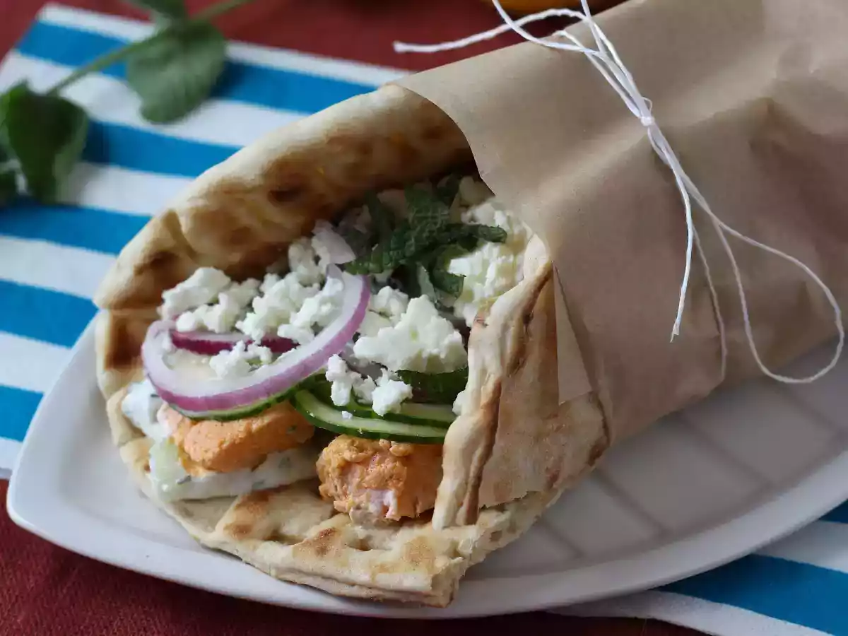 Gyros with salmon, the perfect greek fish sandwich for summer!