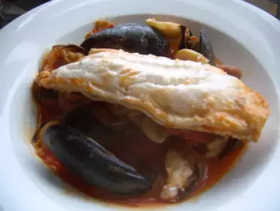 Hake with clams, mussels and chorizo