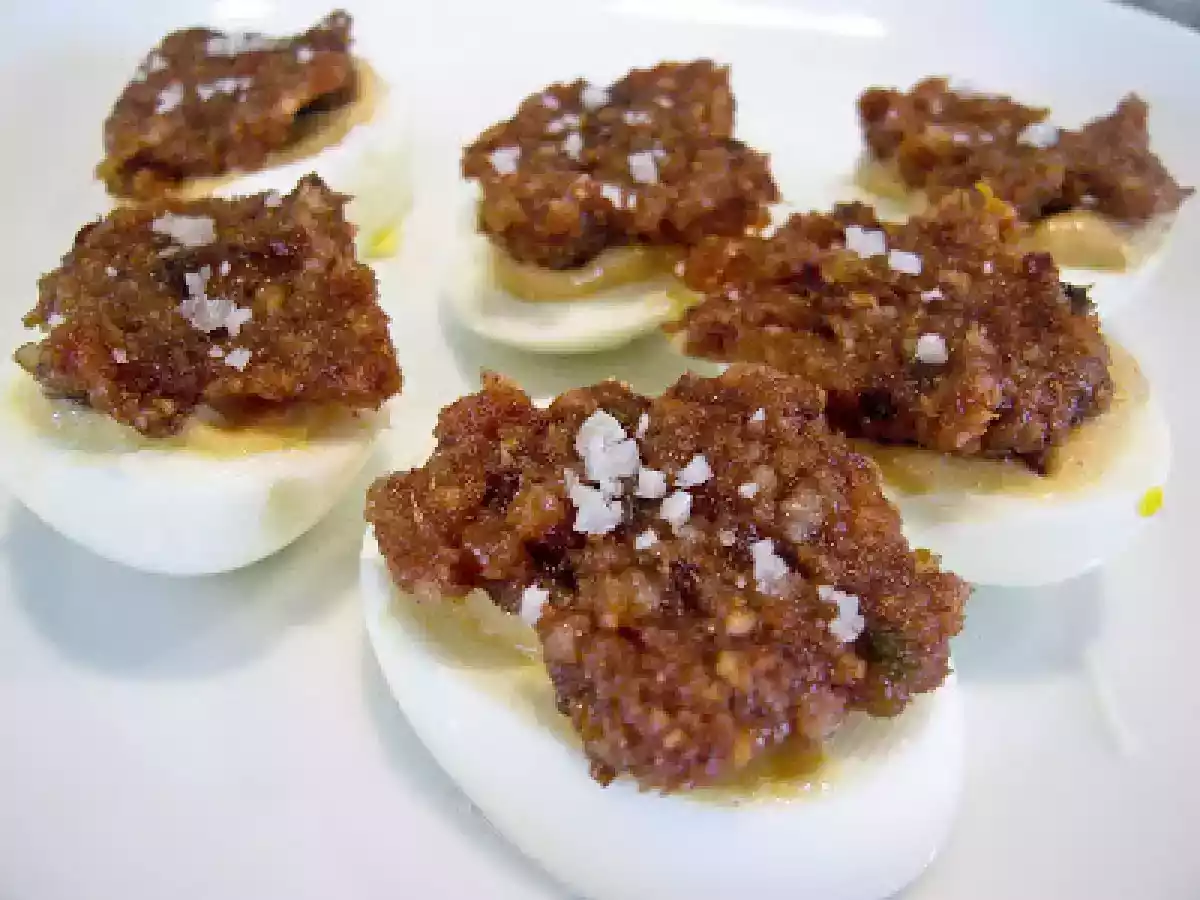 Haroset With Dijon Mustard On Hard Boiled Eggs Sprinkled With Sea Salt - photo 2