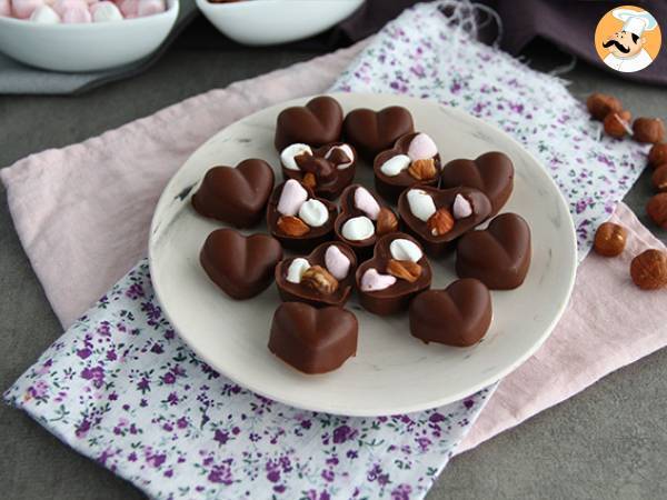 Homemade chocolates with marshmallows and hazelnuts