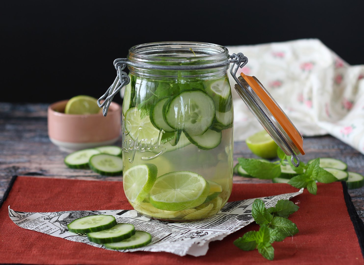 Homemade flavored water with cucumber, lime, mint and ginger Recipe