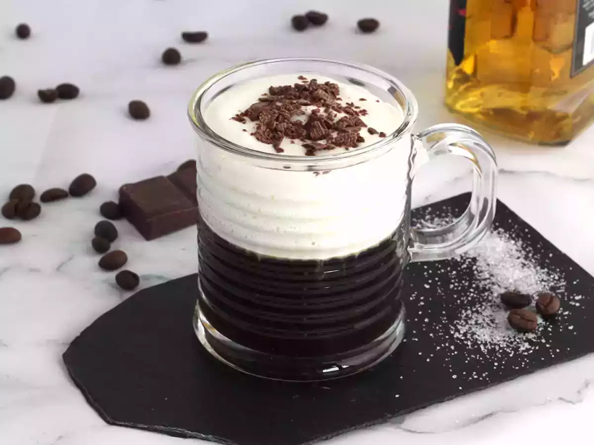 Irish coffee (coffee with whisky and whipped cream)