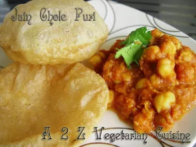 Jain Chole Puri ( Chick-Pea Curry With Fried Puffed Whole Wheat Flat Bread )